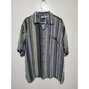 Tommy Bahama Button Down Shirt Mens L Green Blue Striped 100% Silk Short Sleeve